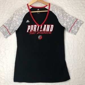 Adidas Portland Trail Blazers Women V Neck T-Shirt Black/Gray Short Sleeve Sz L